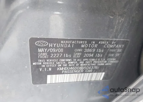 2008 Hyundai Elantra Gls/Se z USA, uszkodzony, nr VIN KMHDU46D08U504376